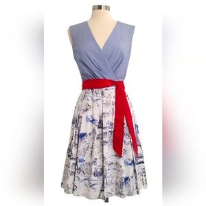 Chetta B Paris Print Sleeveless Fit and Flare Faux Wrap Top Dress Blue White